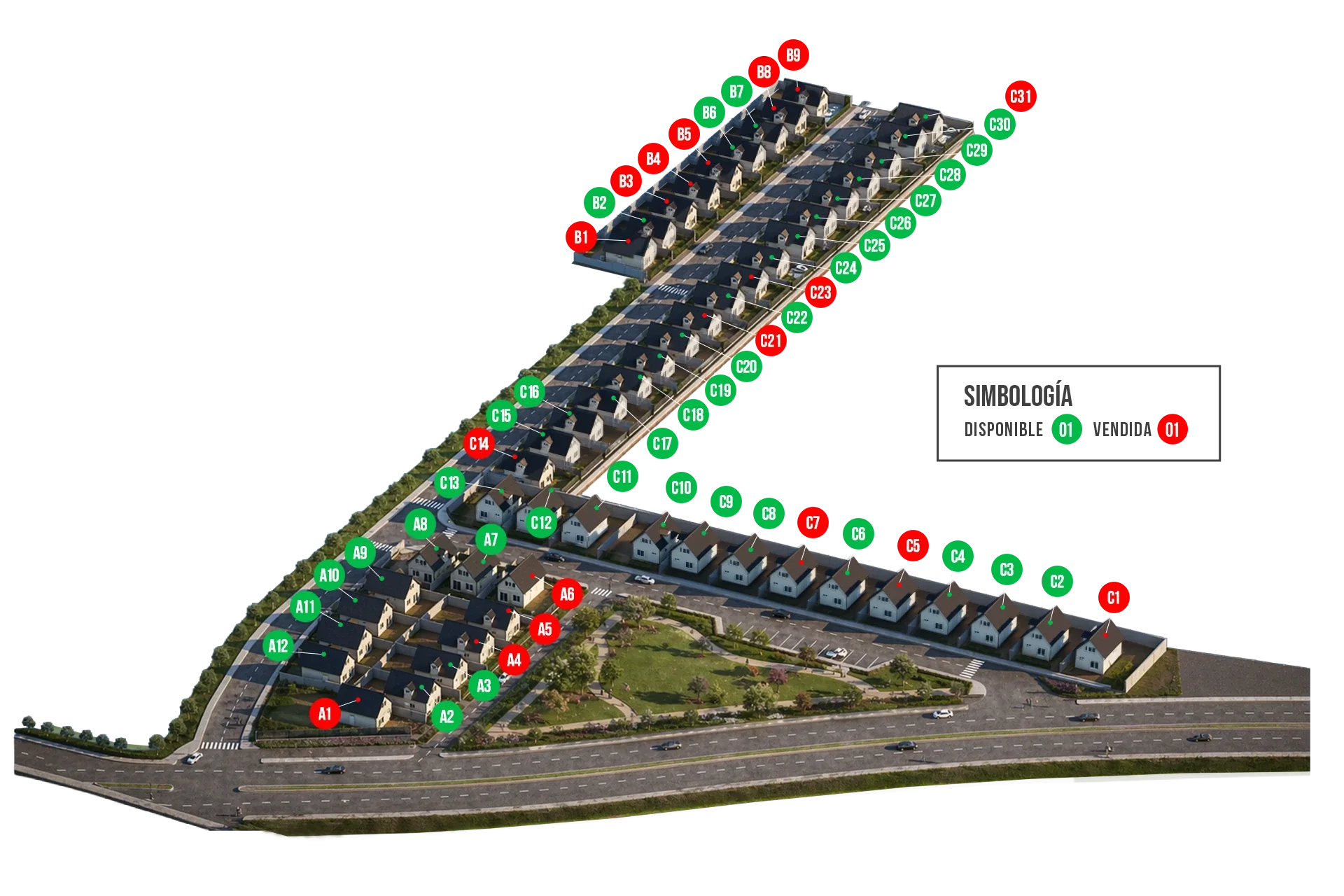 Master plan de Reserva San Miguel con las casas disponibles en verde y las vendidas en rojo