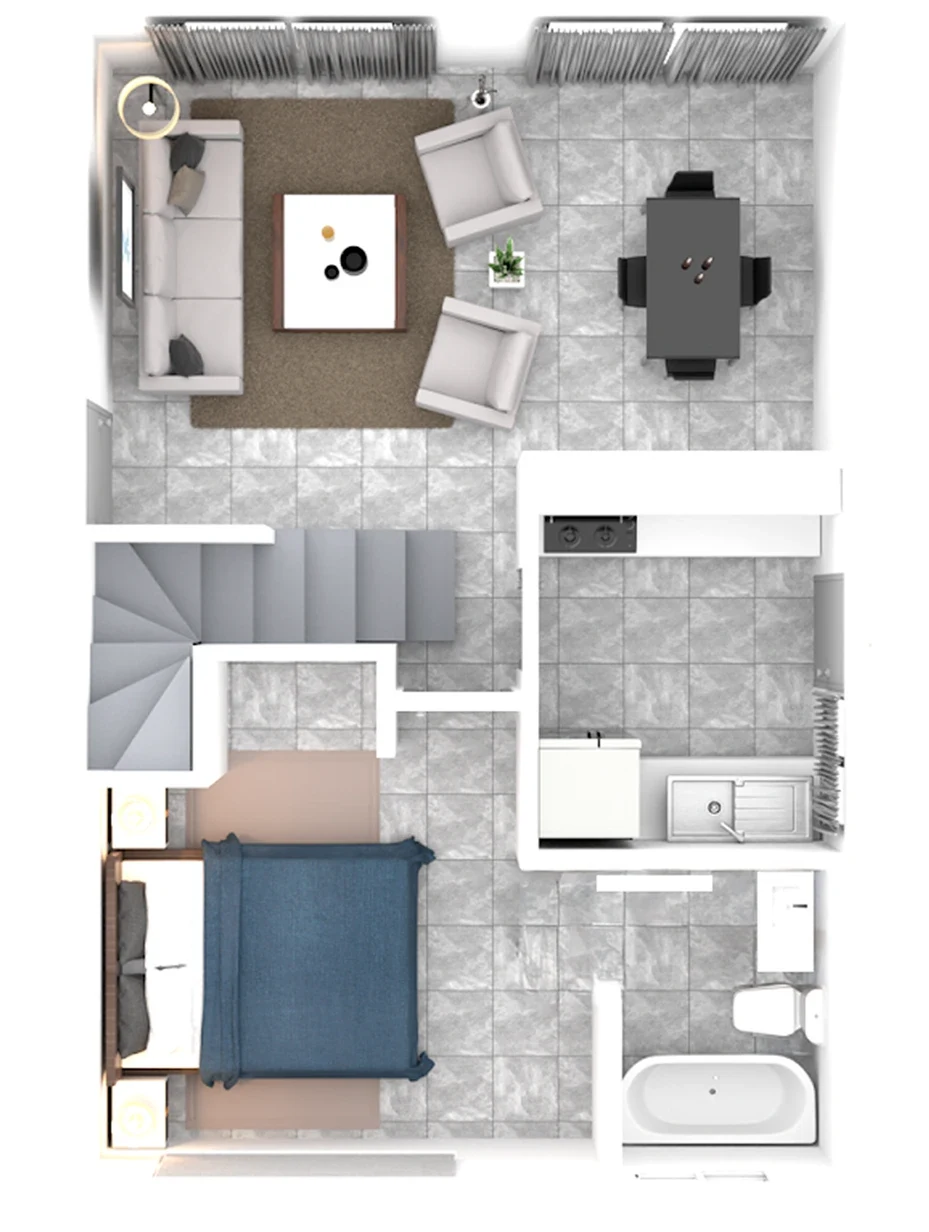 Planta del primer nivel: living, comedor, cocina, escalera, dormitorio y baño
