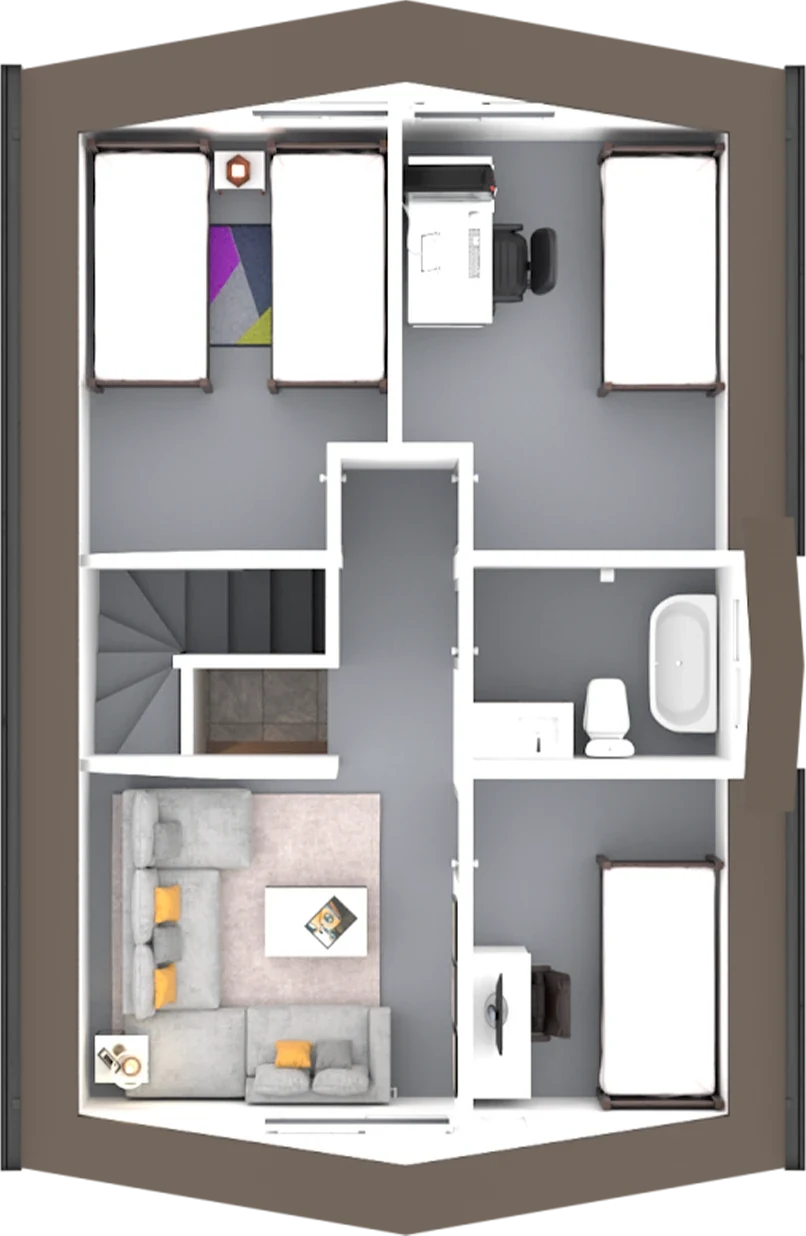 Planta del segundo nivel: tres dormitorios, sala de estar y baño